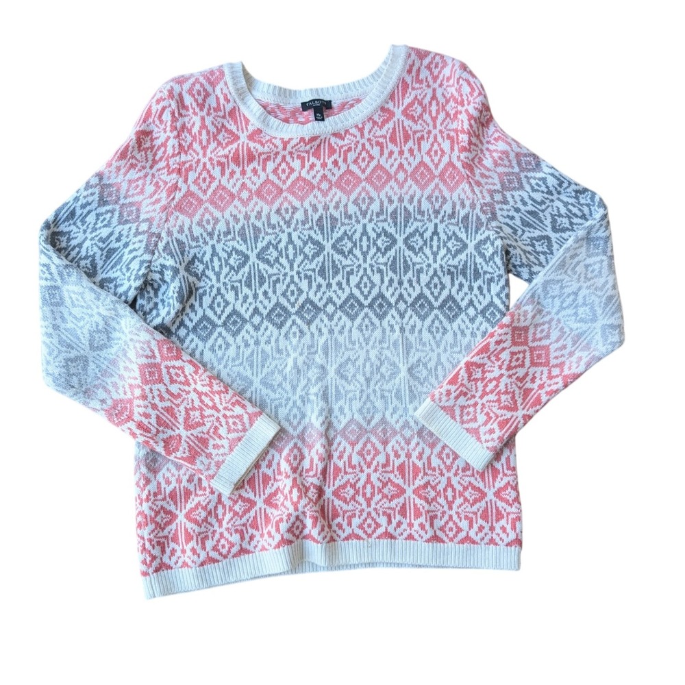 Talbots Petites Fair Isle Knit Sweater Coral Gray White Crew Neck Long Sleeve MP